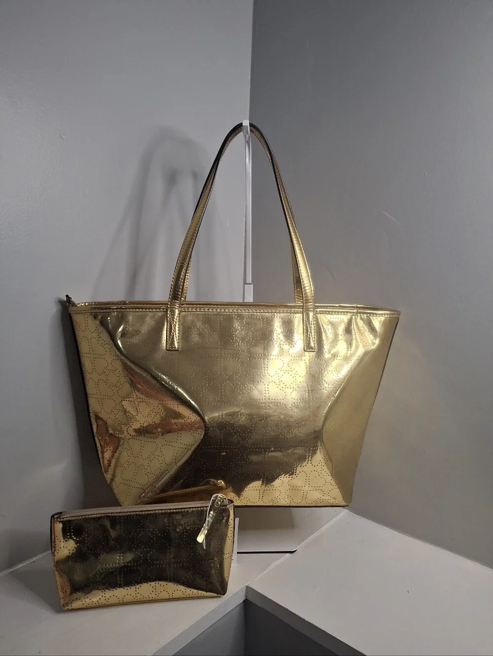 Kate Spade New York Metallic Gold Perforated Tote Bag & NWT Cosmetic Pouch Set